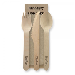 BioPak Wooden Knife Fork & Napkin Set
