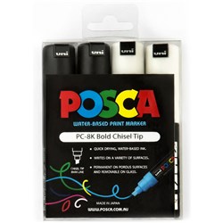 Uni Posca PC-8K Paint Marker Chisel Broad 8mm Black And White Pack of 4