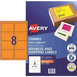 Avery High Visibility Laser Labels L7165Fo 99.1X67.7mm Orange
