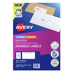 Avery White Quick Peel Internet Address Laser Labels With Surefeed 64X33.8m