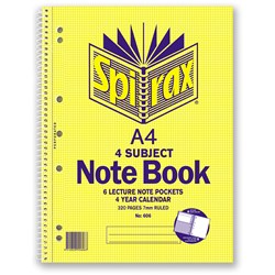 Spirax 606 4 Subject A4 320pg Notebook