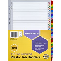 Indices A4 Plastic Tabbed Board 1-31 Tab A4 Multi-Coloured