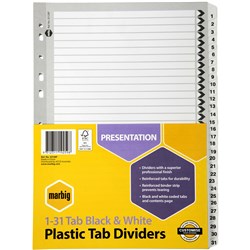 Indices A4 Plastic Tabbed Board 1-31 Tab A4 Black/White