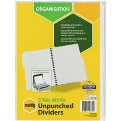 Dividers A4 Unpunched Board 5 Tab White