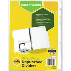 Dividers A4 Unpunched Board 10 Tab White