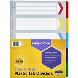 Dividers A3 Plastic Tabbed Board 5 Tab Multi-Coloured Portrait