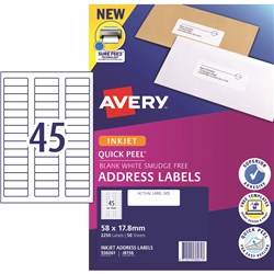 Label Inkjet Avery Address J8156 FSC 58X17.8mm 45 P/Page