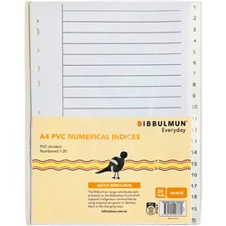 Bibbulmun A4 1-20 White PVC Dividers